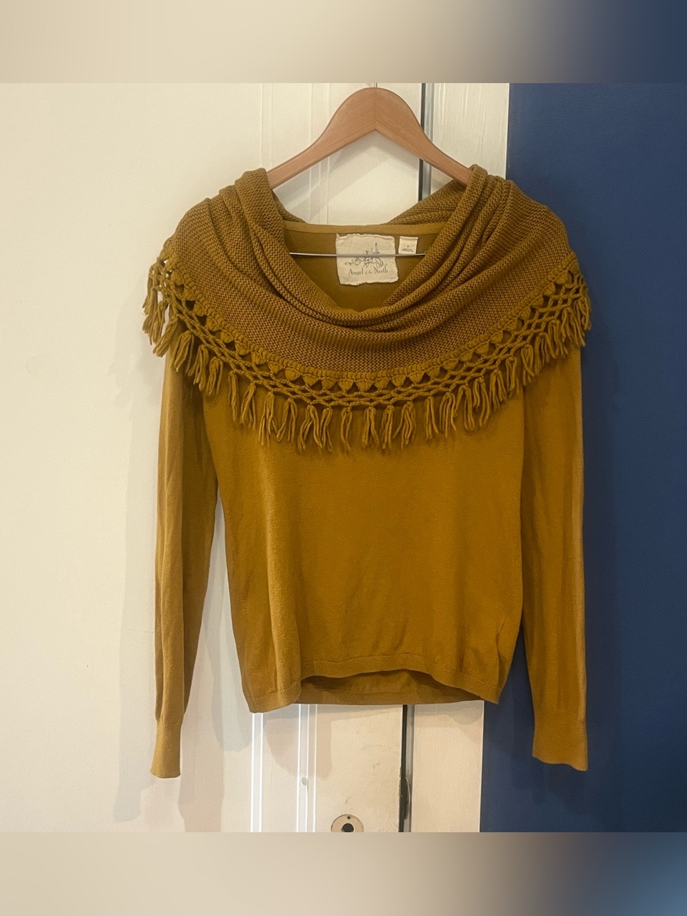 Anthropologie, Mustard Fringe Cowl Neck Sweater - Anonymous Brand